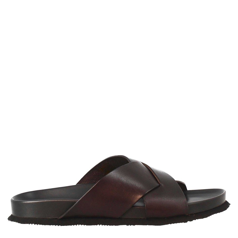 Leonardo Dark Brown Men'S Leather Sandals Open At The Back