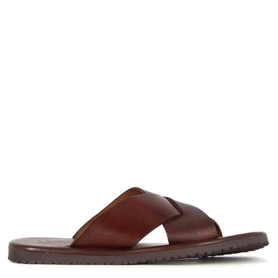 Leonardo Slider Sandal With Crossed Straps For Men In Brown Leather