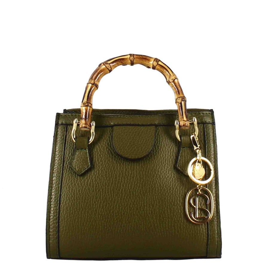 Leonardo Mini Bamboo Women'S Handbag In Green Leather With Wooden Handles And Shoulder Strap