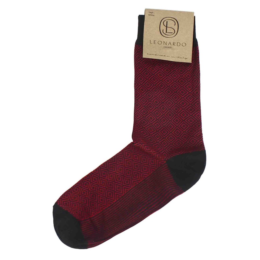 Leonardo Men'S Socks In Red Cotton With Black Pattern