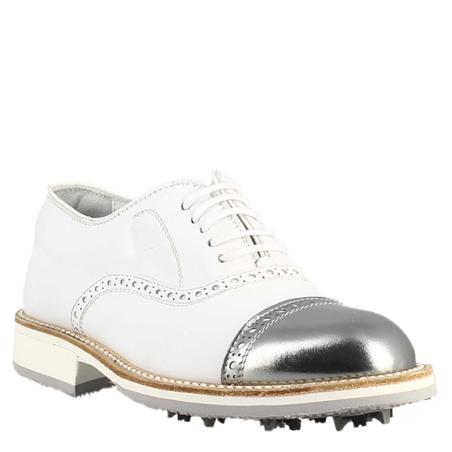 Leonardo Handcrafted Men'S Golf Shoes In White Leather And Silver Details