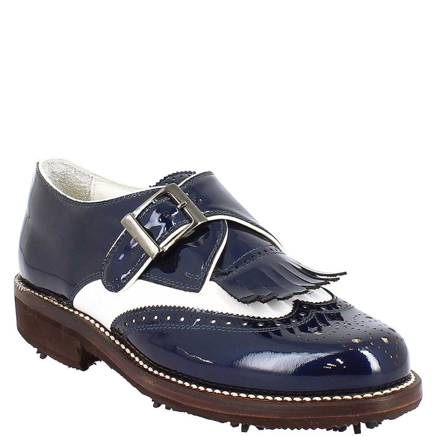 Leonardo Women'S Golf Shoes With Buckle In White Leather And Blue Patent Leather