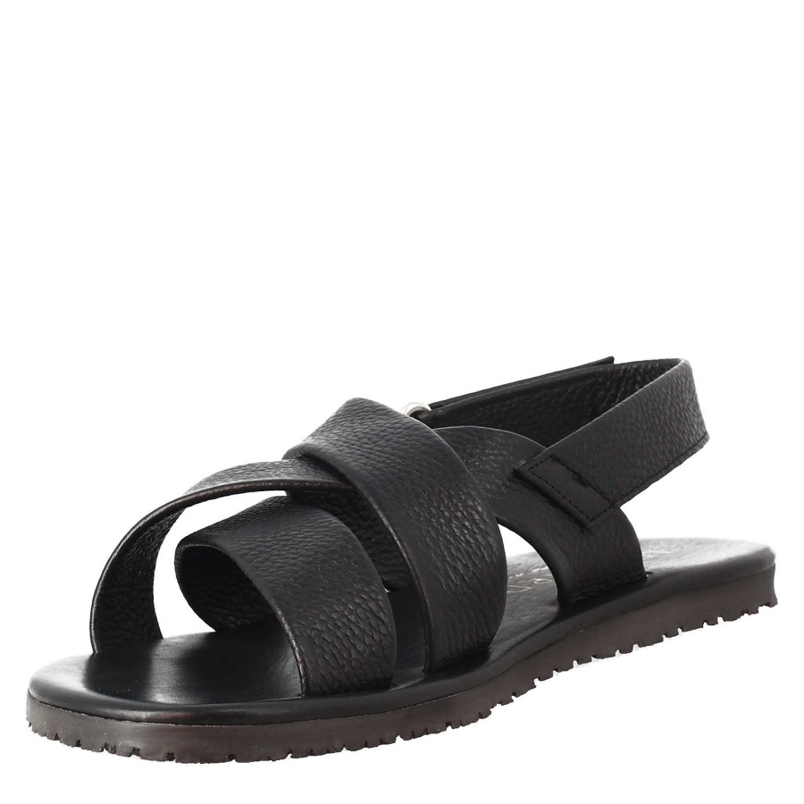 Leonardo Handmade Men'S Sandals In Black Leather With Velcro Closure