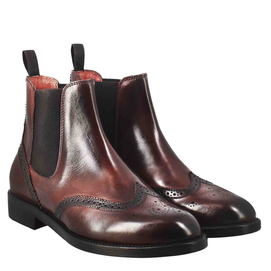 Leonardo Women'S Chelsea Boot With Brogue Details In Burgundy Leather