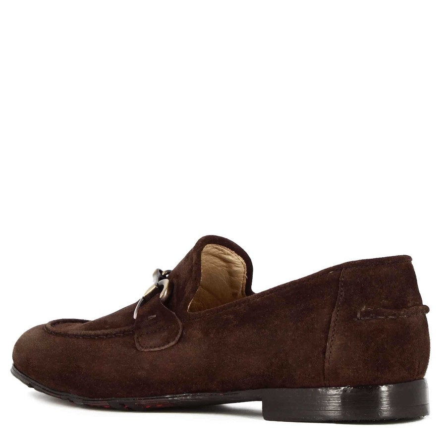 Leonardo Men'S Moccasin In Dark Brown Suede With Gold-Coloured Clamp