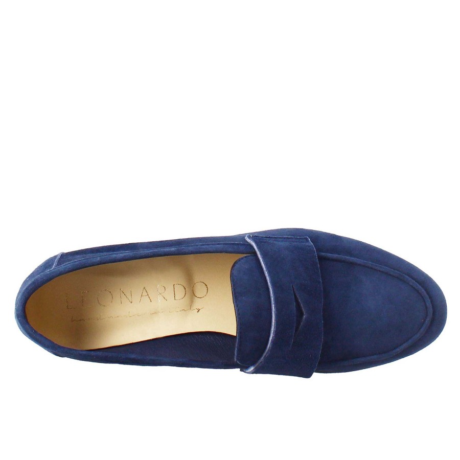 Leonardo Handmade Women'S Moccasin In Dark Blue Suede.