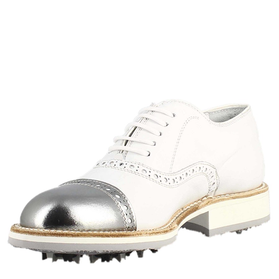 Leonardo Handcrafted Women'S Golf Shoes In White Leather And Silver Details