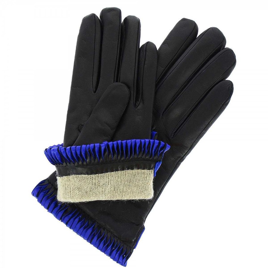 Leonardo Handmade Women'S Gloves In Black Nappa With Blue Edge