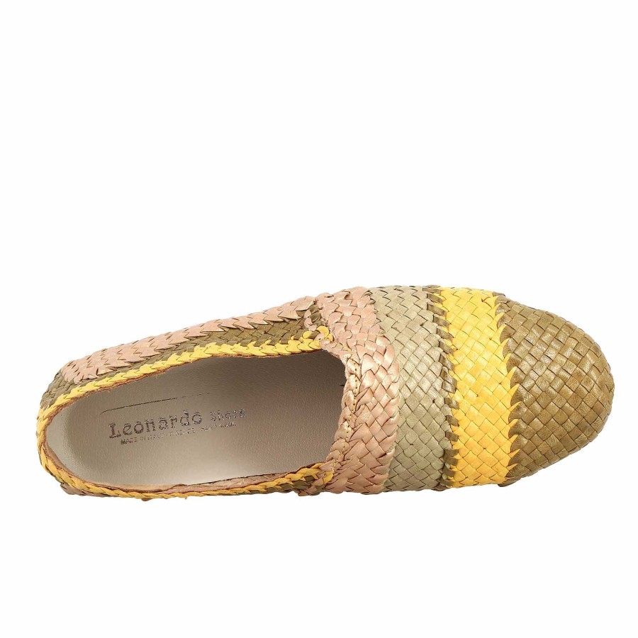 Leonardo Handmade Women'S Moccasins In Green, Yellow And Beige Woven Leather