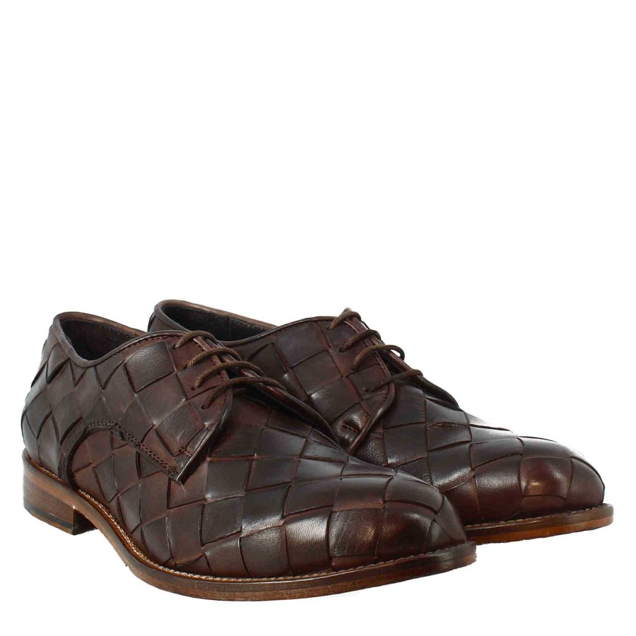 Leonardo Elegant Vintage Dark Brown Men'S Derby In Woven Leather