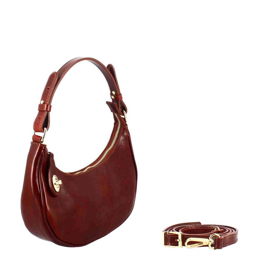 Leonardo Jane Shoulder Bag In Brown Leather With Removable Shoulder Strap