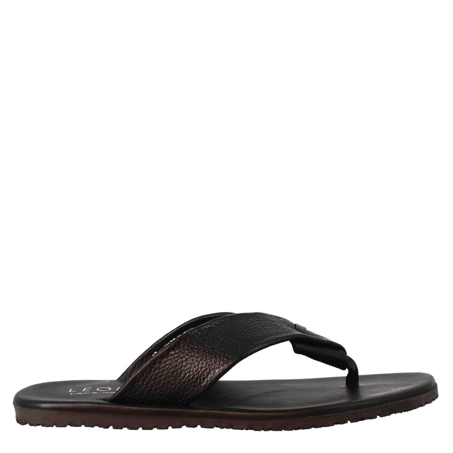 Leonardo Handmade Men'S Flip-Flop Sandals In Black Leather