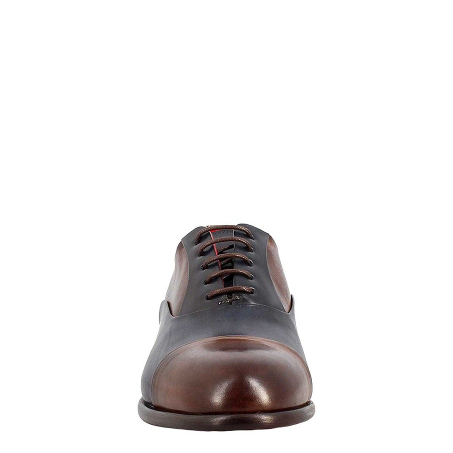 Leonardo Elegant Dark Brown And Blue Men'S Oxford In Leather And Red Lining