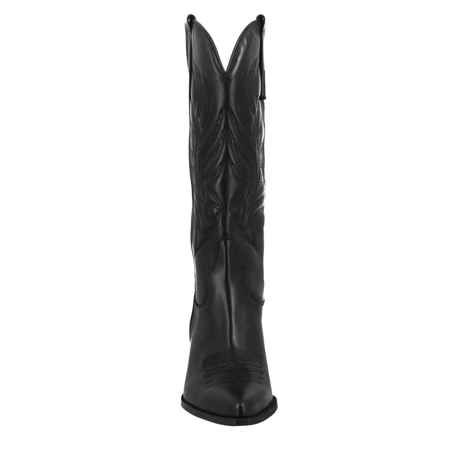 Leonardo Women'S Texan Boot In Black Leather With Embroidery