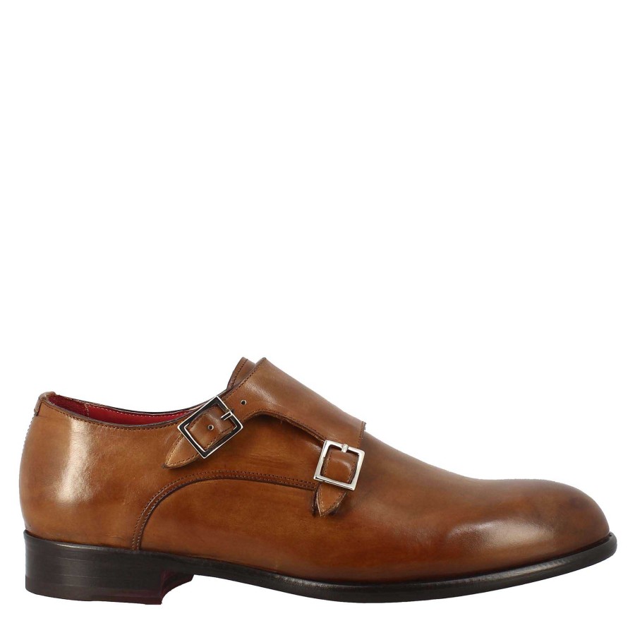 Leonardo Double Buckle Men'S Shoe In Siena Brown Leather