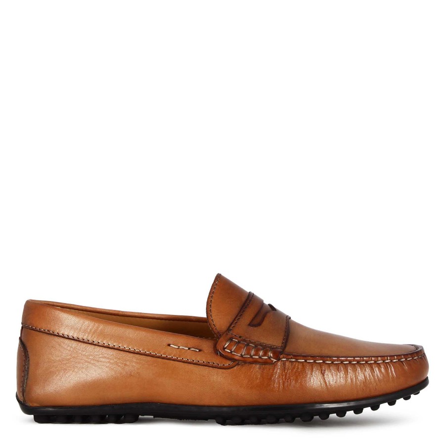 Leonardo Casual Men'S Moccasin In Brown Leather With Rubber Pebbled Sole