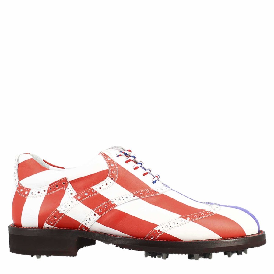 Leonardo Blue Red And White Women'S Golf Shoes With Handcrafted Leather Brogue Details