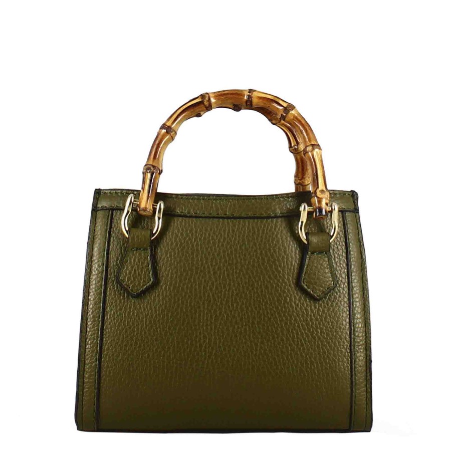 Leonardo Mini Bamboo Women'S Handbag In Green Leather With Wooden Handles And Shoulder Strap