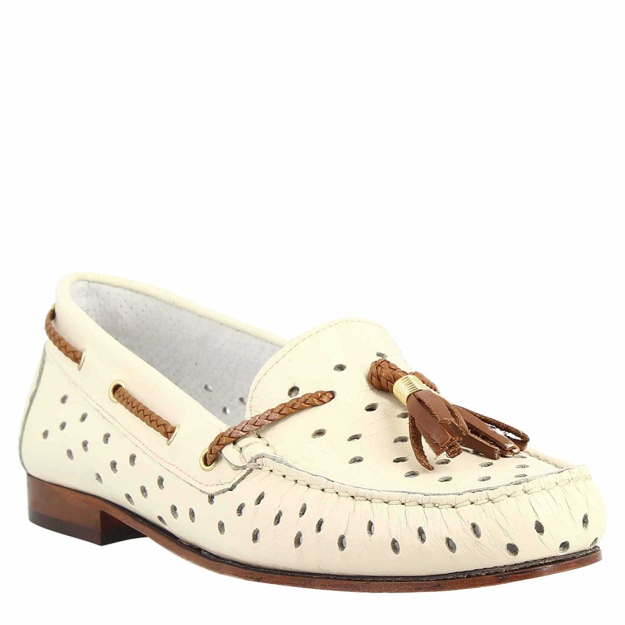 Leonardo Classic Handmade Women'S Moccasins In Cream-White Perforated Leather