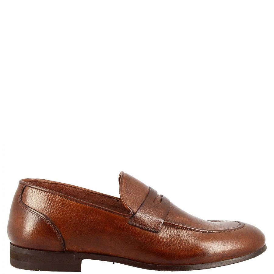 Leonardo Elegant Men'S Loafers With Rounded Toe Handmade In Brandy Leather