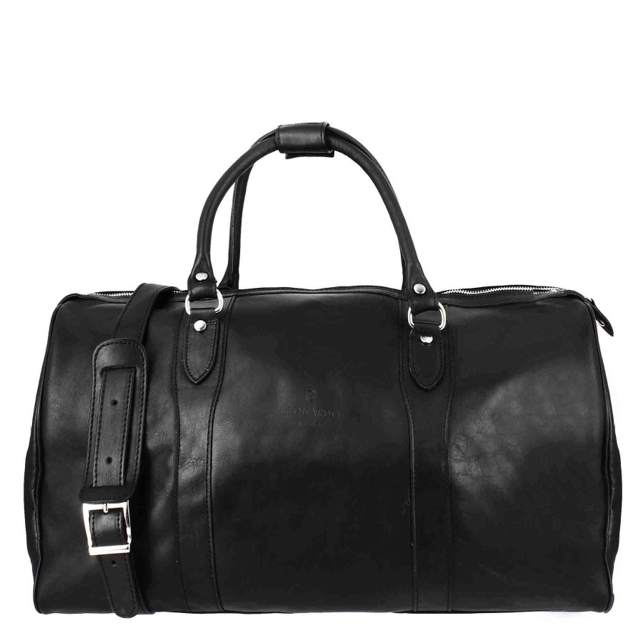 Leonardo Black Leather Travel Bag With Shoulder Strap