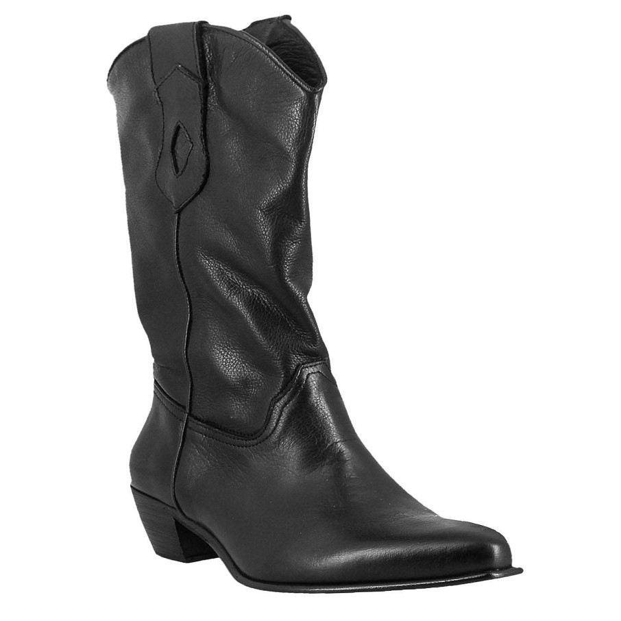 Leonardo Unlined Women'S Texan Boots In Black Vintage Leather