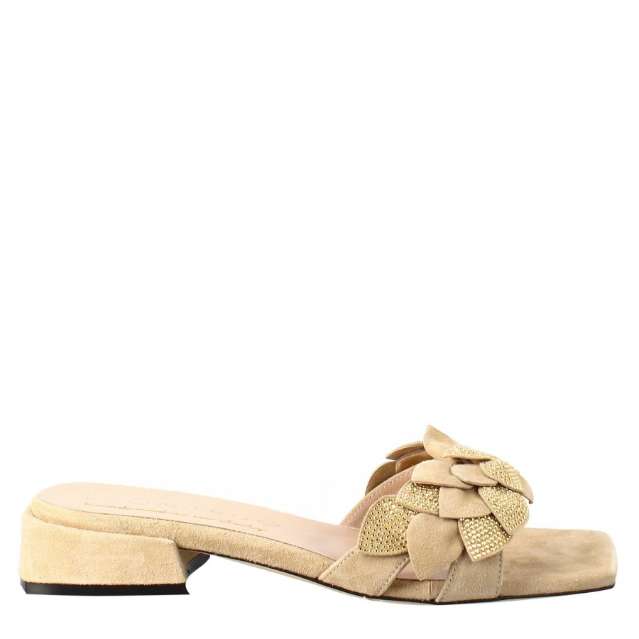 Leonardo Square-Shaped Women'S Sandal In Beige Suede With Glitter