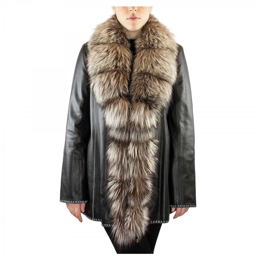 Leonardo Elegant Luana Women'S Handmade Jacket In Black Lambskin With Fox Fur