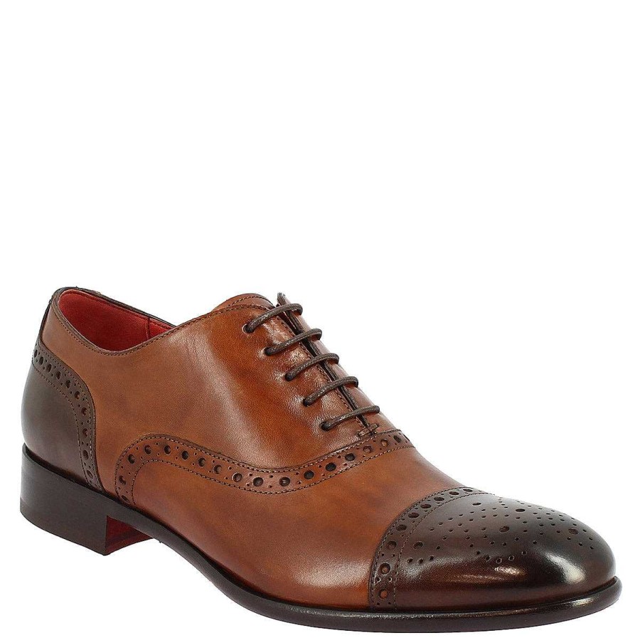 Leonardo Handmade Men'S Oxford Lace-Up Shoes In Montecarlo Brandy And Dark Brown Leather