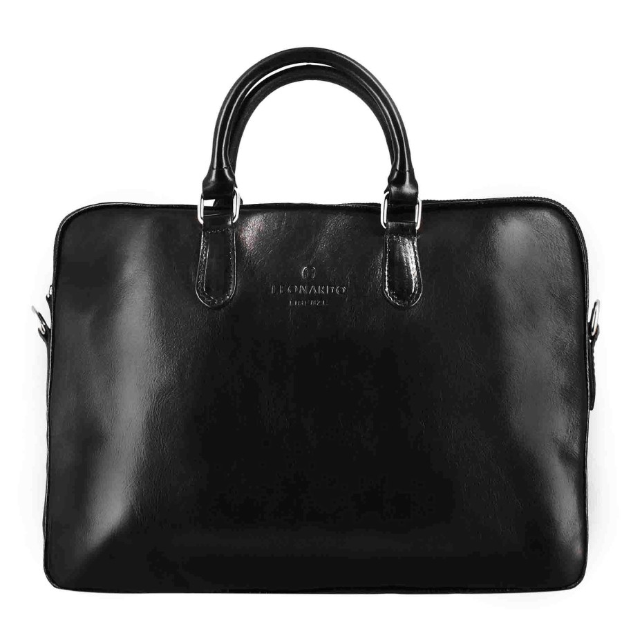 Leonardo Professional Leather Briefcase With Removable Black Shoulder Strap