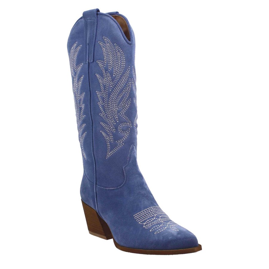 Leonardo Women'S Medium Texan Boots In Blue Suede With Embroidery.