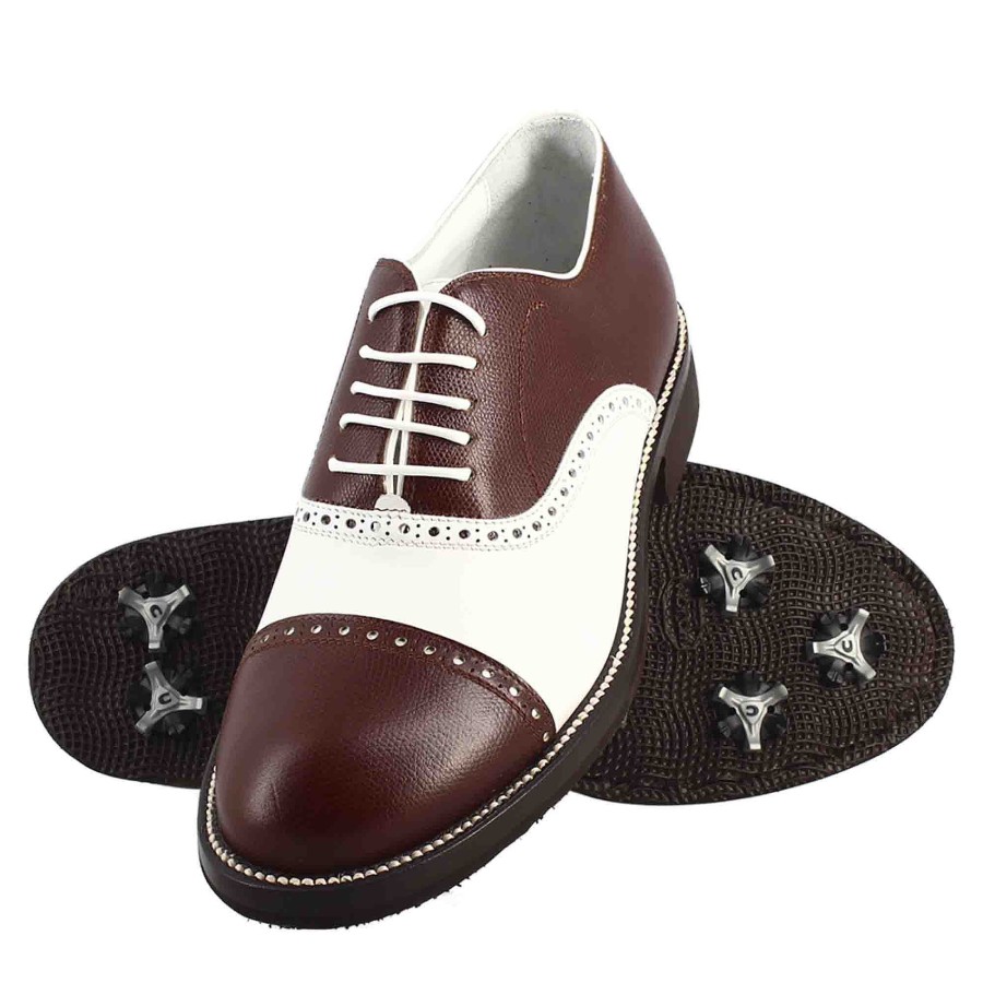 Leonardo Lrp Handcrafted Men'S Golf Shoes In White And Brown Leather With Brogue Details