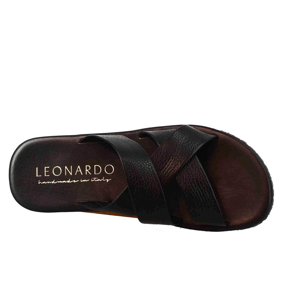 Leonardo Men'S Slipper Sandals With Three Crossed Bands Handmade In Black Leather