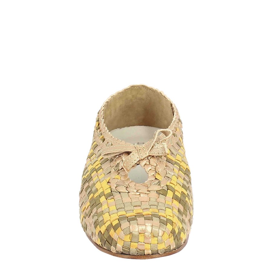 Leonardo Handmade Women'S Slip-On Loafers In Beige, Green And Yellow Woven Leather