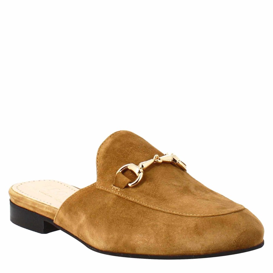 Leonardo Women'S Mules In Light Brown Suede With Gold Buckle