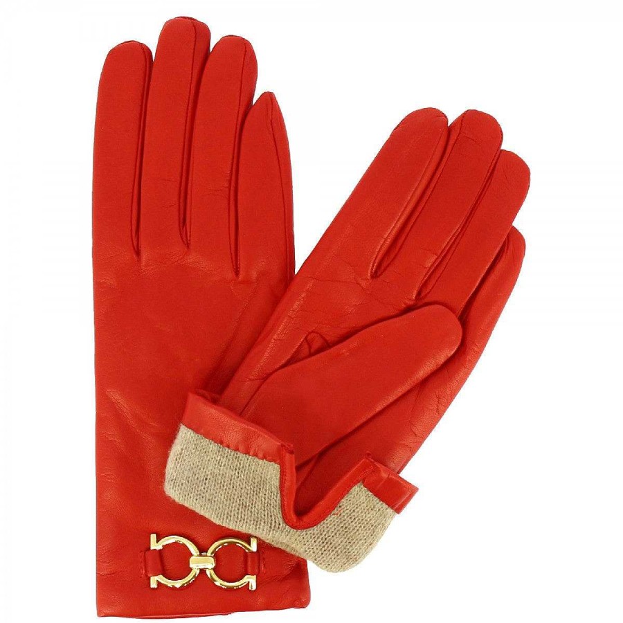 Leonardo Handmade Women'S Morsetto Model Gloves With Buckle In Red Nappa