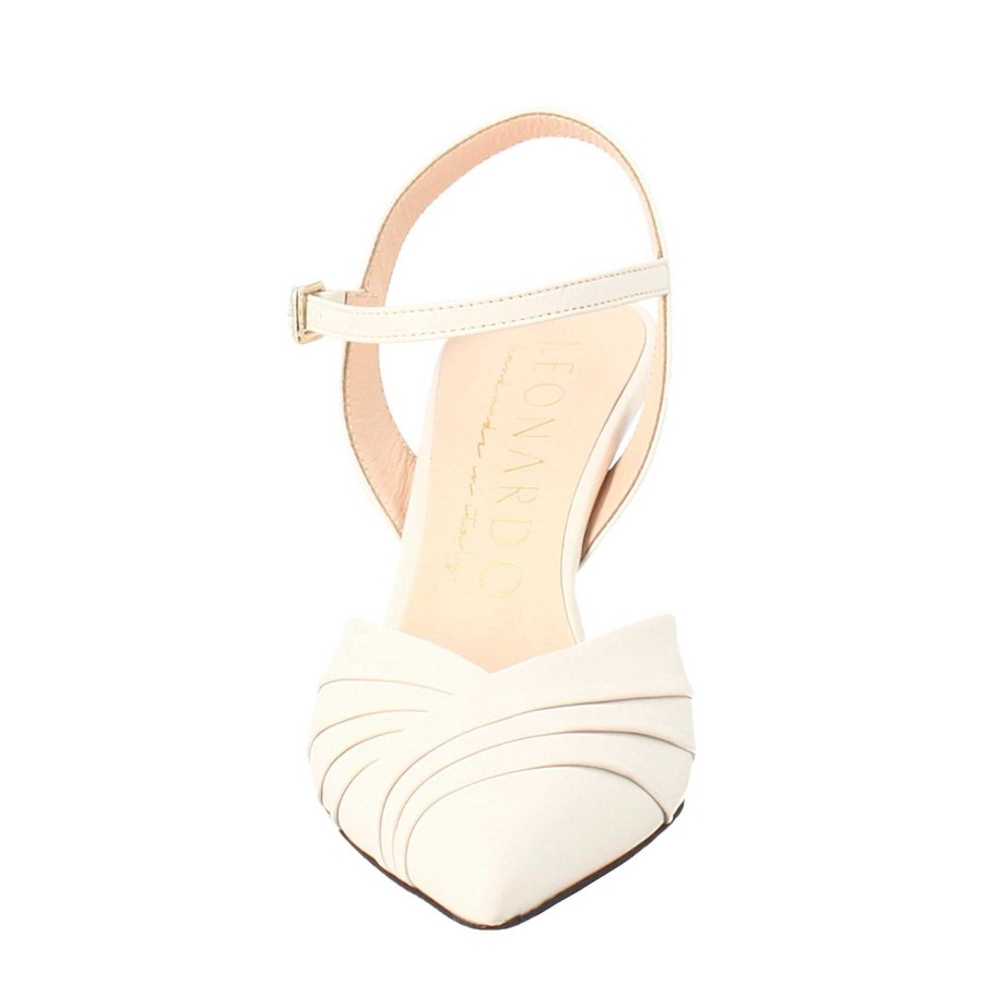 Leonardo Women'S Closed Pointed Sandal In Beige Pleated Leather With High Heel