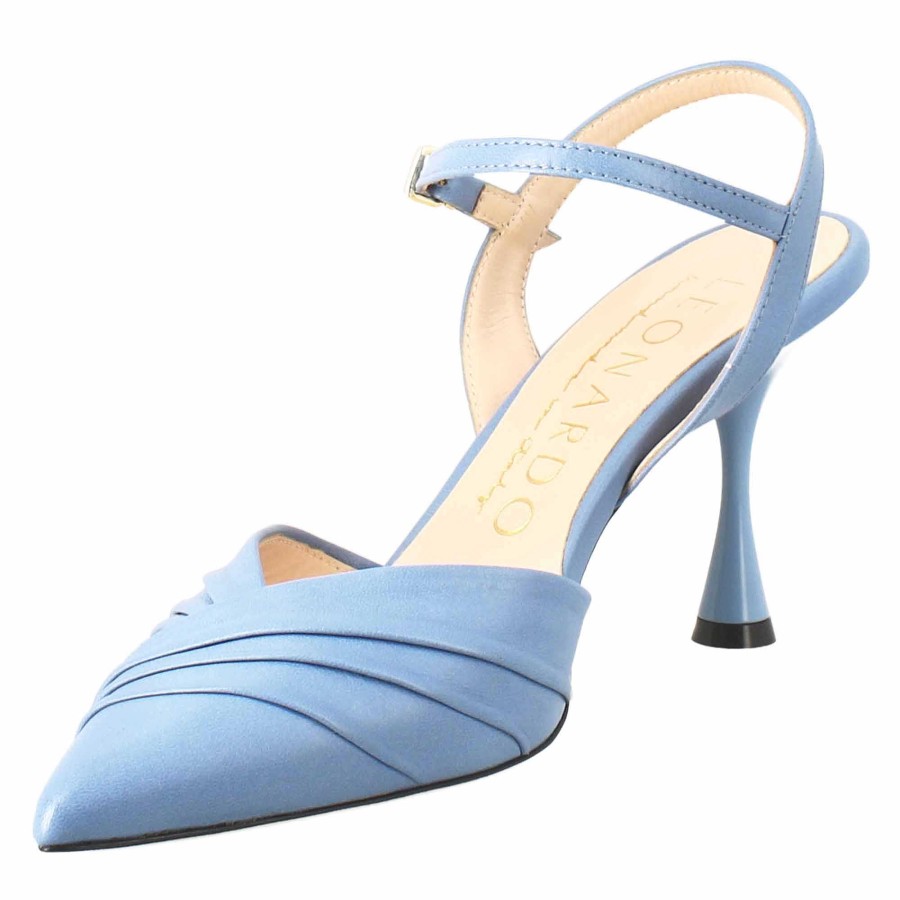 Leonardo Women'S Closed Toe Sandal In Light Blue Pleated Leather With High Heel