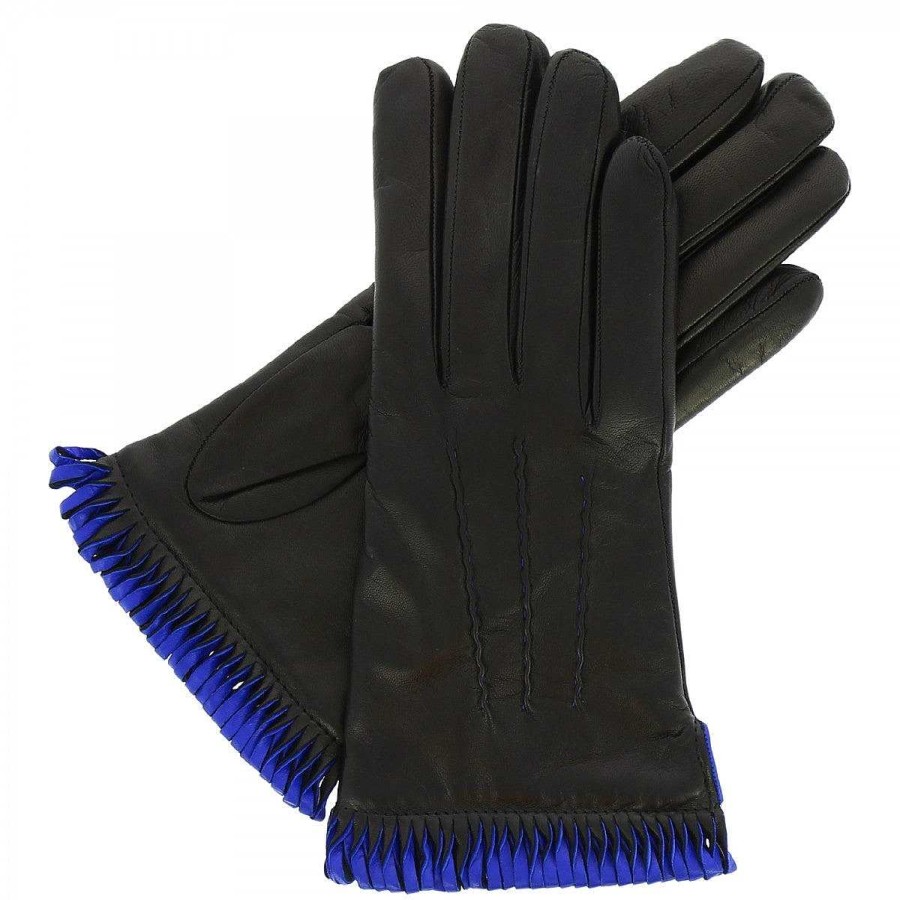 Leonardo Handmade Women'S Gloves In Black Nappa With Blue Edge