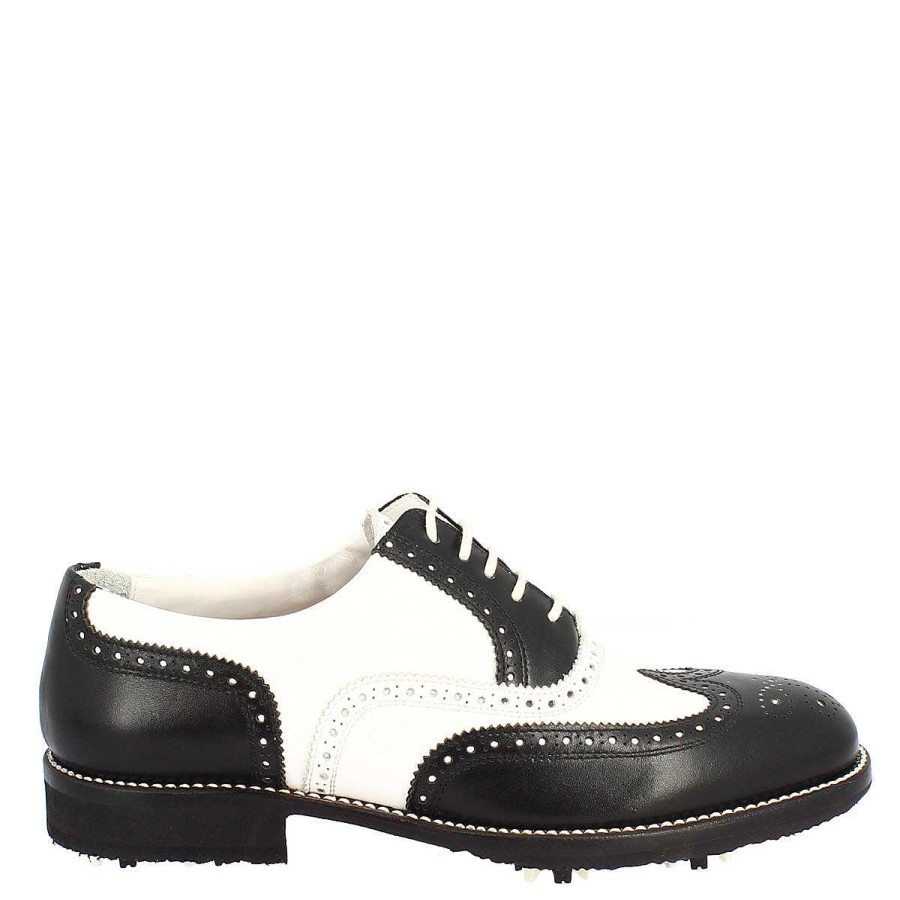 Leonardo Handcrafted Two-Tone Black And White Women'S Golf Shoes In Leather