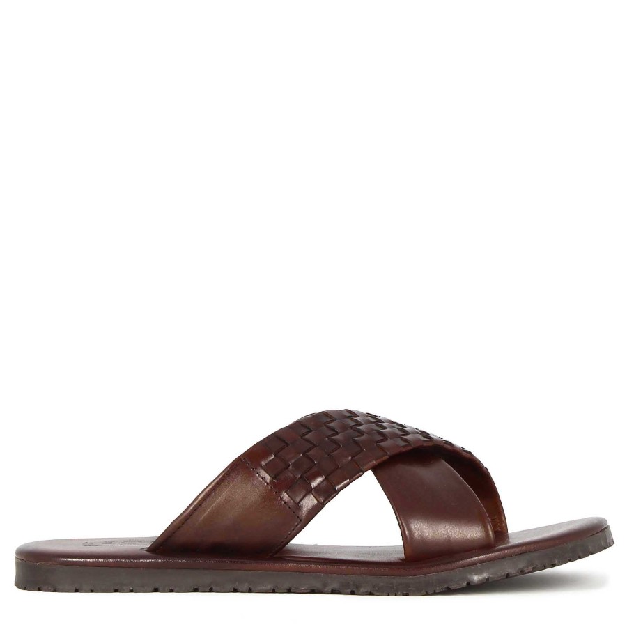 Leonardo Handmade Brown Leather Men'S Double Band Sandal