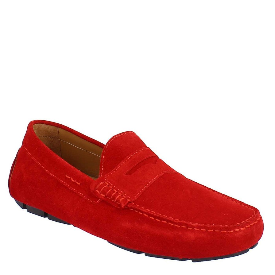 Leonardo Handcrafted Carshoe Moccasins For Men In Red Suede.