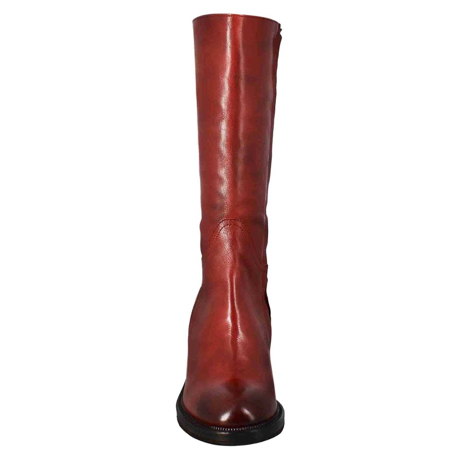 Leonardo Women'S Calf-High Diver Boot With Heel In Red Washed Leather