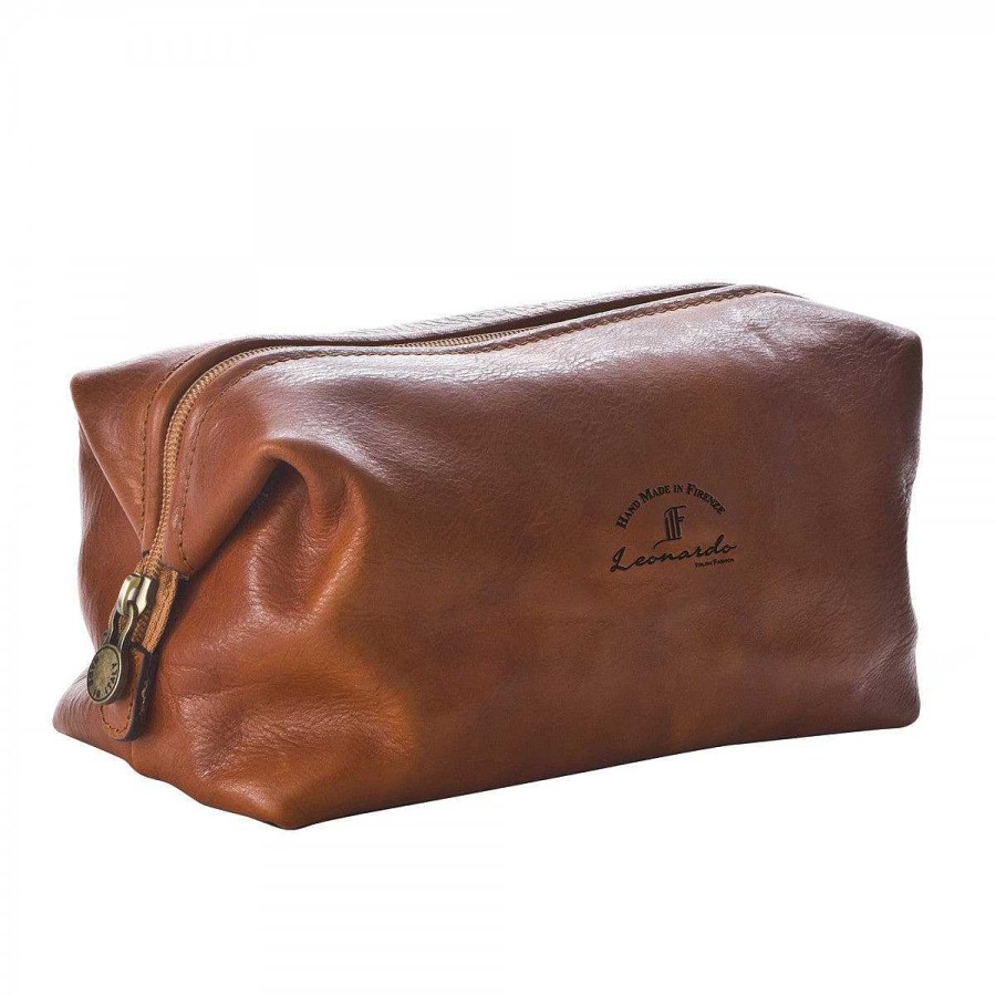 Leonardo Large Toiletry Bag In Full Grain Leather With Zip Closure And Utility Pocket