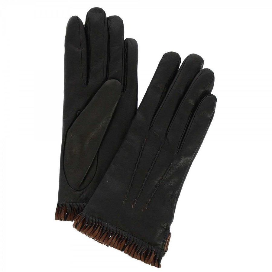 Leonardo Handmade Women'S Gloves In Black Nappa With Brown Edge