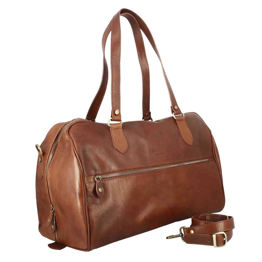 Leonardo Brown Leather Travel Bags With Handles And Removable Shoulder Strap