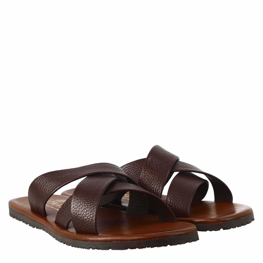 Leonardo Men'S Sandals With Three Braided Bands In Brown Leather.