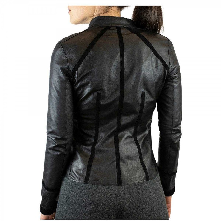 Leonardo Astrid Women'S Handmade Reversible Jacket In Black Reindeer Leather With Zip