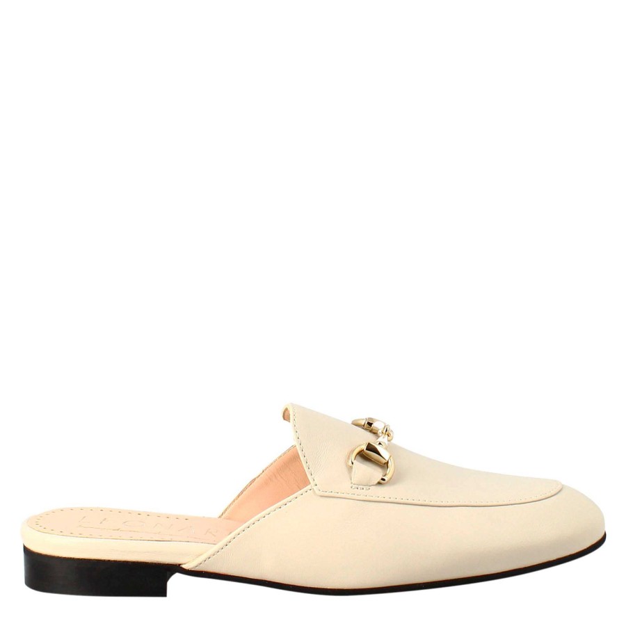 Leonardo White Sabot With Golden Buckle And Real Leather Sole