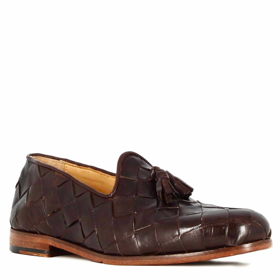 Leonardo Men'S Loafers With Tassels In Dark Brown Woven Leather